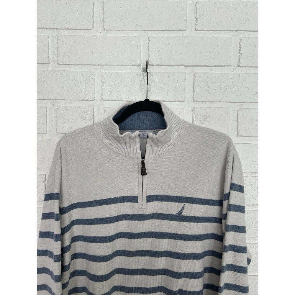 Nautica 1/4 Zip Pullover Sweater Mens Large Ivory Blue Striped Long Sleeve